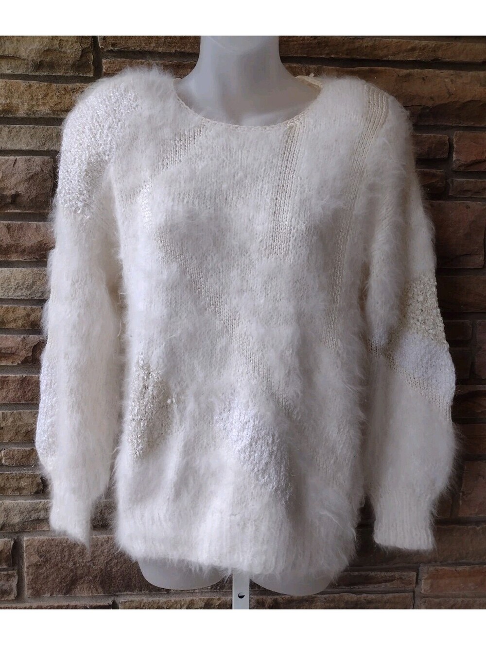Vintage 80s Fuzzy Angora Sweater Cream Textured Knit Balloon Sleeve Shoulder Pad